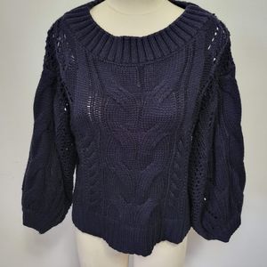 Ebby & I navy chunky balloon sleeve cable knit sweater size medium